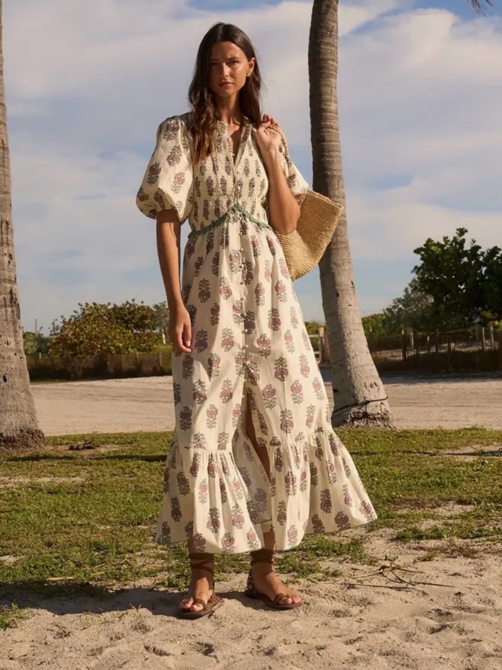 Sonmer Cream Floral Puff-Sleeve Maxi Dress NWT minimalist